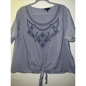 Lane Bryant Tie Front Embroidered Top 14/16 Blue White cotton